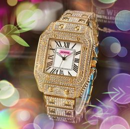 High Quality Mens Womens Premium Quartz Movement Watch Square Roman Tank Dial Clock waterproof Full Iced Out Shinning Diamonds Ring Case Party watches bracelet