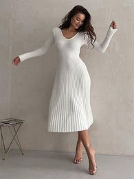 Casual Dresses Women Autumn Winter Sweater Dress Long Sleeve V Neck Ribbed Knit Solid Color Elegant Party Midi Streetwear Daily