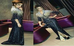 Ärm elegant V-ringning Vestidos svart applikation Long Prom Dresses Avondjurk Dubai Mermaid Formella aftonklänningar