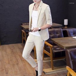 Men's Suits 2023 High-end Summer Medium Sleeve (suit Trousers) Fashion Business Handsome Suit Men Plaid Small 2 Pieces