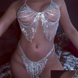 Diğer Mücevher Setleri Tassel Crystal Bralette Set Bikini Üst Vücut Zinciri Sütyen Kolye Kadınlar için Rhinestone Y Ton Panties T2005 DHX1H