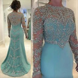 Light Sky Blue Plus Size Mermaid Mother of Bride Dresses Long Sleeves Beads Sequined Lace Applique Formal Dress Evening Robes de fete Custom Made