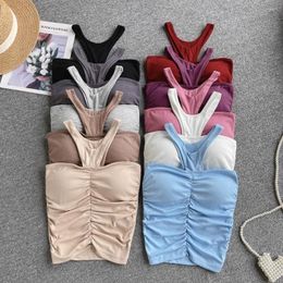 Women's Tanks American Chic Spaghetti Strap Tank Top For Women Bare Midriff Build In Bra Folds Soild Colour Camisole Summer Gallus Drop