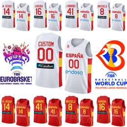 Print Spain Basketball Jersey 2023 World Cup 14 Willy Geuer 41 Juancho Hernangomez 24 JUAN NUNEZ 12 SANTIAGO ALDAMA 23 SERGIO LLULL 10 VICTOR CLAVER National Team