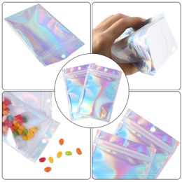 100pcs/lot Aluminium Foil Zipper Bags Self Sealing Stand Up Reusable Smell Proof Food Jewellery Keychain Pouch Laser Plastic Storage Bag Packaging