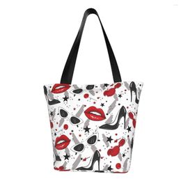 Shopping Bags Custom Red Lips Black Heels Pattern Canvas Bag Women Durable Grocery Shopper Tote