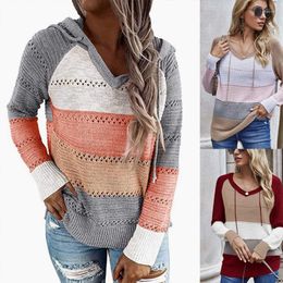 Women's Sweaters 2023 European And American Long Sleeves Loose Cutout Contrast Sweater Hooded Knit