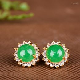 Stud Earrings Jade Flower Natural Jewellery Ear Studs Carved Luxury Charm Green 925 Silver Gemstone Talismans Stone Amulet Amulets