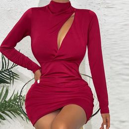 Casual Dresses Spring And Autumn High Neck Dress Sexy Hollow Hip Slim Long Sleeve