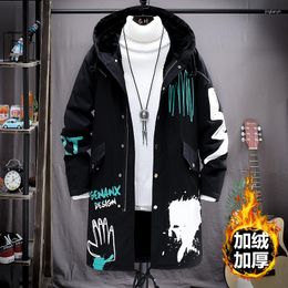 Men's Trench Coats Men Loose Windbreaker Thickened With Velvet Hooded Jacket Trend Printed Overcoat Casual Long Coat Male Clothing