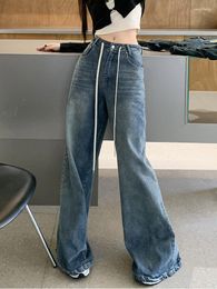 Women's Pants Vintage Blue Women High Waist Jeans Y2k Autumn Streetwear Drawstring Wide Leg Trousers Female Casual Loose Denim Straight