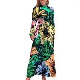 Casual Dresses Palm Leaves Dress Tropical Florals Print Stylish Bohemia Woman Long Sleeve High Neck Kawaii Maxi