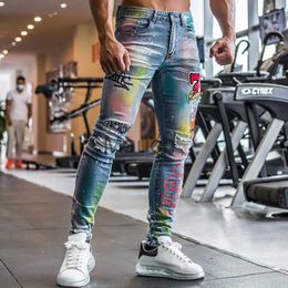 Men's Pants 2023 Spring Ripped Jeans For Men Small Straight Colorful Printing Hole 's Slim Trend Summer Skinny J230901