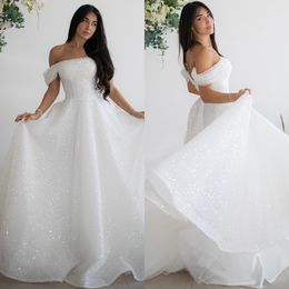 Gorgeous A Line Wedding Dresses for bride Off Shoulder Sequins Wedding Dress Bone Bodice Backlessdesigner bridal gowns