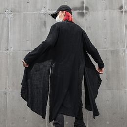 Men's Trench Coats Men side split cotton linen long trench coat cardigan street punk hip hop jacket japan nightclub DJ gothic vintage stage costume 230831