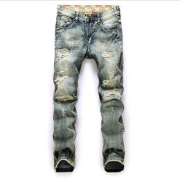 Men's Jeans Hole Nostalgic Trade More Fabric Frayed Red Flag Denim Trousers Mens Cool Jean Male Long Pants285H