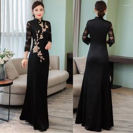 Casual Dresses Chinese Traditional Gown Woman Elegant Qipao Black Vintage Floral Embroidery Banquet Evening Gowns Maxi Long Cheongsam