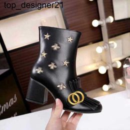 womens heeled boots designer Soft cowhide Autumn winter Coarse heel women 100% real leather zipper Fashion letter Metal buckle lady Heels 10cm Large shoes high heel