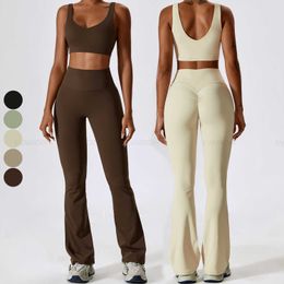 Lu Pants Sets 2 Piece V Shaped Backless Active Wear Custom Woman Activewear Manufacturer Flare Leggings Gym Yoga Sport Set 66