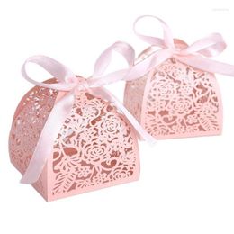 Gift Wrap 50/100pcslot Wedding Favor Candy Chocolate Box White PinkRibbon Pyramid Laser Cut