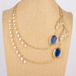 Pendant Necklaces 22" Freshwater White Rice Pearl Lapis Chain Necklace CZ Pave Connector