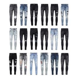 Jeans da uomo moto invecchiati Jean Rock skinny slim strappati con foro lettera pantaloni in denim hip-hop253L