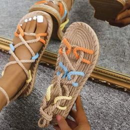 Roman Sandals Women Summer Open Toe Mixed Colors Twine Ankle Strap Plus Size Comfortable Flats Sandalias De Mujer 258