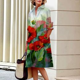 Casual Dresses Fashion Lapel Long Sleeve Shirt Dress Loose Floral Print Single Row Button Polo Women's Pocket Robe 2023