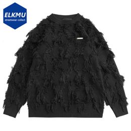 Men's Sweaters Distressed Tassel Oversized Streetwear Black White Fashion Hip Hop Jumpers Knitted Pullovers 230831