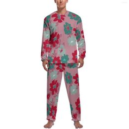 Men's Sleepwear Colorful Flower Print Pajamas Daily Retro Floral Casual Male 2 Pieces Graphic Long Sleeve Kawaii Pajama Sets