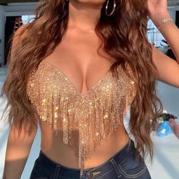 Women's Tanks Sexy Sequined Rhinestone Tassel Cropped Tops 2023 Summer Fashion V-Neck Backless Clubwear Dancing Party Vest Female Tees Y2K