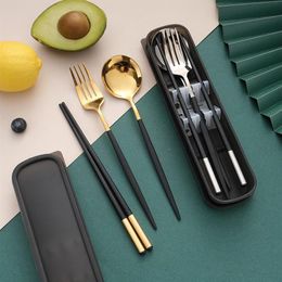 Dinnerware Sets Gold Portable Stainless Steel Spoon Cutlery Set 3PCS4PCS Fork Alloy Chopsticks Work Travel Box Wedding Gift219f