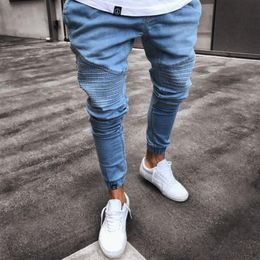 Mens Super Skinny Light Blue Jeans Fashion Designer pleated Panelled Denim Joggers Washed Stretch Biker Pencil Pants Trousres232S