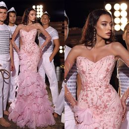 Sexy Pink Mermaid Evening Dresses Sweetheart Neck Lace Appliques Long Sleeve Prom Gowns Custom Made Plus Size Pageant Party Wear