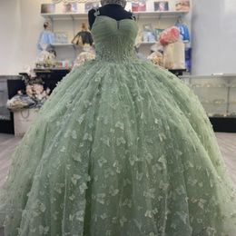 Sage Green Shiny Ball Gown Quinceanera Dresses Spaghetti Strap Sweetheart Beads Bow Brithday Dance Party Vestidos De Quinceanera