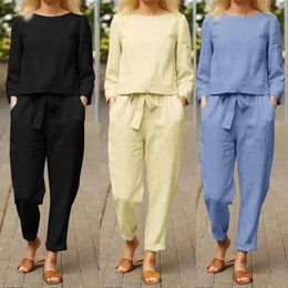Women's Two Piece Pants Cotton Linen Blouse Long With Pocket Crew Neck Women 2 Pieces Sets Sleeve Elastic Waist Daily Clothing