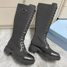 Brushed leather and Re Nylon boots Black 1W906M womens famous brand Boots triangle boots Autumn Winter booties Fashion Long Boots Knee Boots Large size 35 42