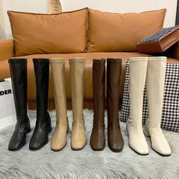 Women Knee High Boots Female Leather Knight Boots Plus Size Booties Lady Low 4cm High Heels White Autumn Shoes For Girls Shoes 35-42
