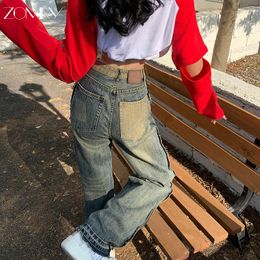 Women's Jeans ZOMRY Y2K Loose Straight Wide Leg Clothing High Waisted Pant Pantalone American Retro Worn Out Rough Edge Old Blue