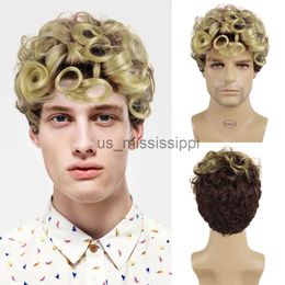 Cosplay Wigs GNIMEGIL Synthetic Ombre Blonde To Brown Hair Afro Curly Wig for Men Natural Bouncy Curls Cosplay Halloween Party Short Male Wig x0901