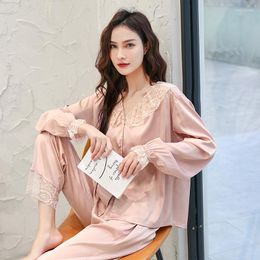 Women's Sleepwear Women 2PCS Rayon Pyjamas Set Sweet Lace Turn-Down Collar Pyjamas Suit Bud Sleeve Shirt&Pant Spring Underwear Nightwear