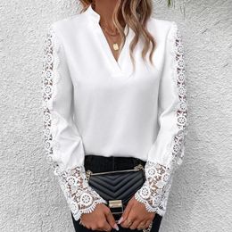 Women's Blouses White Vintage Lace Patchwork Shirt Blouse Women Spring Autumn Fashion Long Sleeve Shirts For 2023 Casual Pink V-neck Top