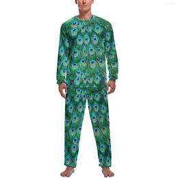 Men's Sleepwear Peacock Feather Pyjamas Spring Animal Print Leisure Nightwear Men 2 Pieces Design Long-Sleeve Kawaii Pyjama Sets