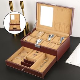 Jewelry Pouches Storage Box PU Leather Double Layer Wooden 12 Grids For Watches