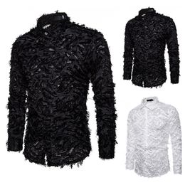 Men Shirts Hand Perspective Feather Sexy Black&White Lace Shirt Mens Fashion Camisas Stage Party Clubwear Men Shirts Clothing