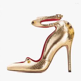 Dress Shoes Arden Furtado 2023 Spring Women's Golden Snake Pattern Pointed Toe Metal Buck Stiletto Heels Sexy Ankle Strap Pumps