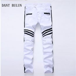 New Mens Ripped Jeans Striped White Straight Skinny Casual Hole Biker Denim Pants Plus Size Trousers 01032853