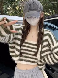 Women's Knits Knitting Cardigan Women Clothing Vintage 2 Piece Set Fashion Stripe Cropped Sweater Tunic Vest Outfits Korean Autumn Sweet