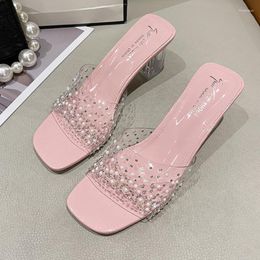 Slippers Women Pvc Mid Heels Open Toe Summer Brand 2023 Sandals Chunky Pumps Transparent Slides Ladies Shoes Flip Flop