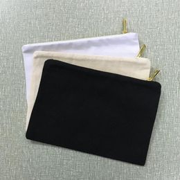 blank natural cotton cosmetic bag 12 ounce canvas cosmetic case plain black makeup bag white clutch bag 7x10 inches with gold meta288L